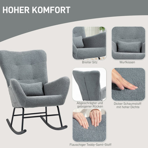 Rootz Rocking Chair - Fluffy Lounge Chair - Non-Slip Recliner - Luxurious Comfort - 67cm x 95cm x 100cm - Grey