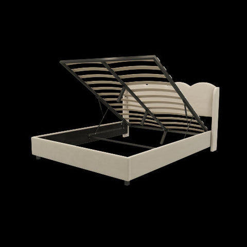 Rootz Double Bed - Wavy Headboard - Hydraulic Storage - Velvet Optics - USB Ports - 205cm x 148cm x 96cm