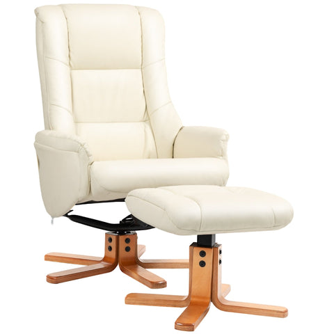 Rootz Relaxation Chair with Stool - TV Armchair - Recliner - Rocker Function - Faux Leather - Natural Wood Frame - Cream White - 71cm x 84cm x 102cm