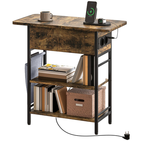 Rootz Side Table - Bedside Table - Rustic Nightstand - USB Connections - 60 x 29.8 x 58.5 cm - Organized Storage Space