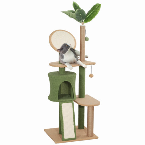 Rootz Cat Tree with Artificial Leaves - Scratching Post - Play Center - Plush & Jute Comfort - 48L x 44W x 139H cm