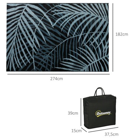 Rootz Outdoor Reversible Carpet - Waterproof - Leaf Pattern - Non-woven Fabric - Blue + Black + Cream - 182cm x 274cm x 0.3cm