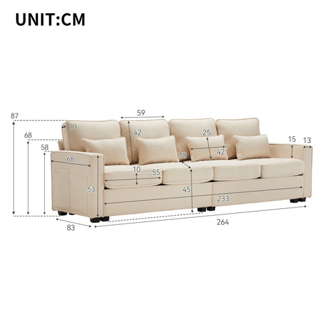 Rootz Modern 4-Seater Sofa - Linen Look Sofa - Spacious Couch - Adjustable Cushions - 264x83x87 cm - Beige
