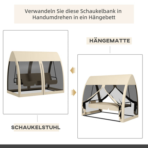 Rootz 3 Seater Patio Swing - Porch Swing with Bed Function - Mosquito-Protected Swing - Steel Frame - 240cm x 140cm x 197cm