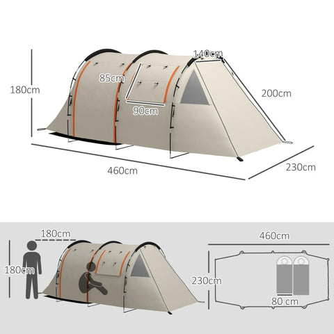 Rootz Camping Tent for 4-5 Persons - Family Tent - Outdoor Shelter - Blackout Windows - Waterproof - 460L x 230W x 180H cm - Khaki/Orange