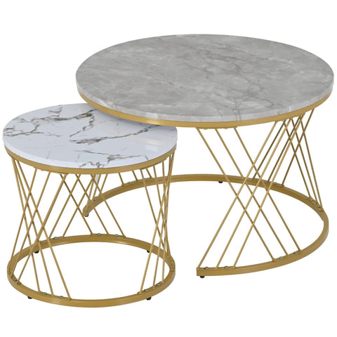 Rootz Set of 2 Modern Coffee Tables - High-Gloss Marble - Nesting Tables - 30kg Load Capacity - 70cm x 70cm x 45cm
