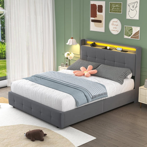 Rootz Gray Double Bed - USB Charging Headboard - LED Light - Storage Drawers - Eco-Friendly - 222L x 148.5W x 113H cm