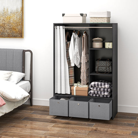 Rootz Wardrobe with Pole Curtain - Closet with Storage - Fabric Drawer Organizer - Ample Storage Space - 105 x 48 x 160 cm