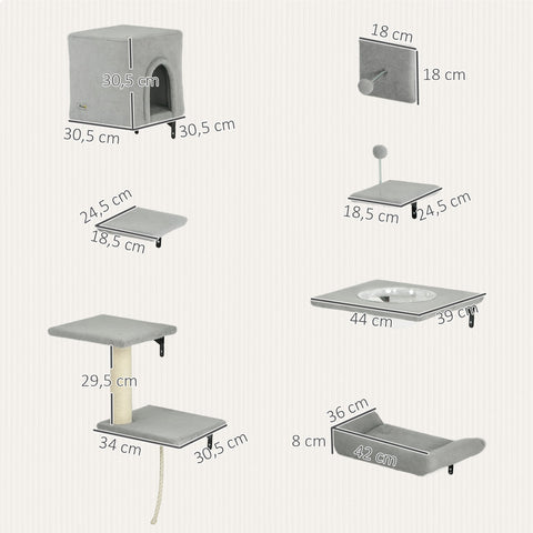 Rootz 7-Part Cat Climbing Wall Set - Cat Playhouse - Feline Activity Center - Space-Saving - Grey & White - Bed: 42cm x 36cm x 8cm