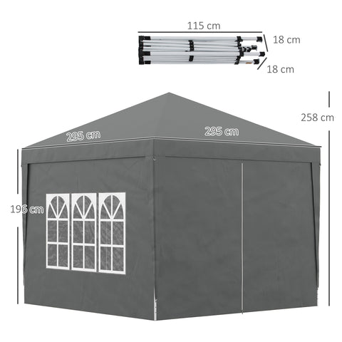 Rootz 3x3m Pavilion Party Tent - Folding Canopy - Event Marquee - Easy Assembly - 295cm x 295cm x 258cm