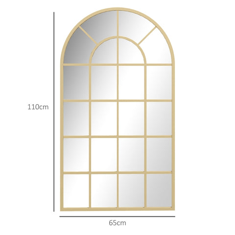 Rootz Gold-Plated Wall Mirror - Decorative Coat Mirror - Arched Window Frame - Visual Enlargement - Shatterproof Glass - 65cm x 2.5cm x 110cm