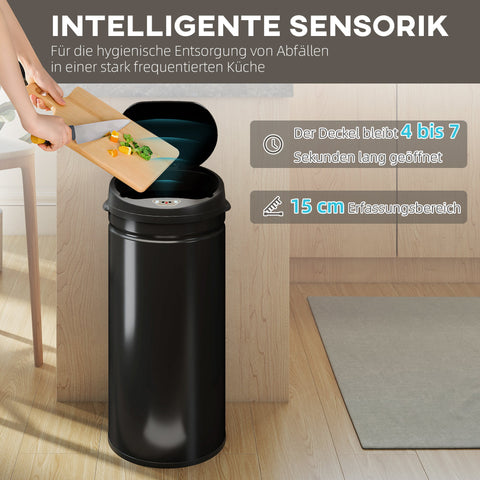 Rootz Touch-Free Sensor Waste Bin - Automatic Trash Can - Stainless Steel Bin - Soft-Close - 30.5cm x 30.5cm x 68cm - Black