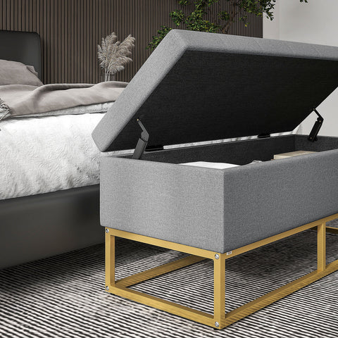 Rootz Bench with Storage - Upholstered Seat - Steel Leg Furniture - Space Efficient - 110cm x 44cm x 48cm - Gray & Gold