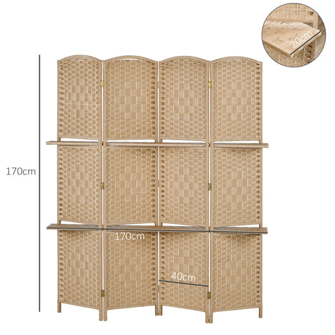 Rootz Room Divider Paravent 4 Panels - Privacy Screen - Folding Partition - 2 Shelves - Wood - 160L x 1.6B x 170H cm