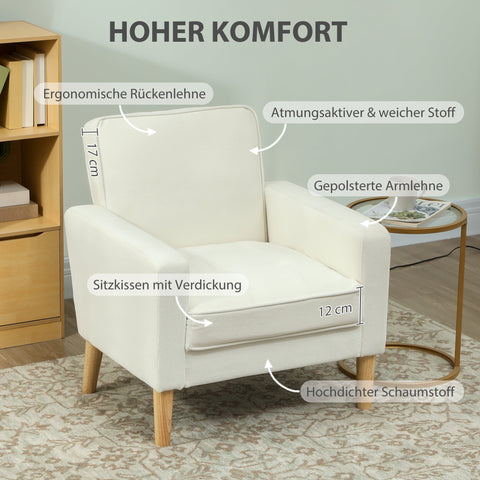 Rootz Upholstery Armchair - Lounge Chair - Velvet Recliner - Comfort Design - 76cm x 79cm x 82cm - White - Rubber Wood Legs