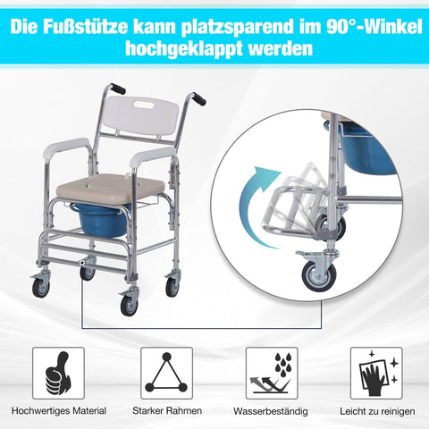 Rootz Commode Wheelchair - Commode Chair - Mobility Aid - Shower Chair - Aluminum Frame - 88 x 54 x 94 cm