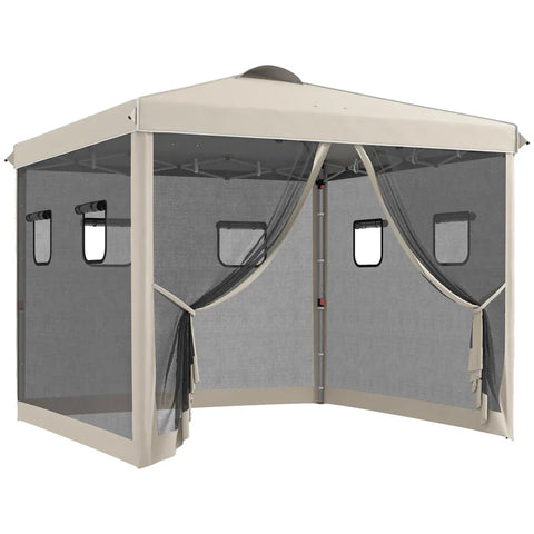 Rootz Folding Gazebo - Height Adjustable - Mesh Curtains - Ground Spikes - Carry Bag - Metal Frame - Steel - Oxford Polyester - Beige - 297L x 297W x 287H cm