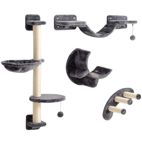 Rootz 4-Part Cat Climbing Wall Set - Cat Tree - Wall-Mounted Cat Furniture - Space-Saving Design - Double Jumping Platform 30x30x96 cm - Grey, Brown