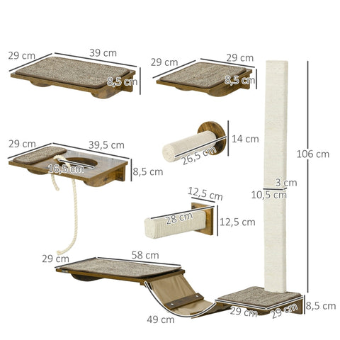 Rootz Cat Wall Shelf Set - Climbing Wall - Cat Platforms - Sisal Scratch Surfaces - Secure Support - 136cm x 29cm x 8.5cm