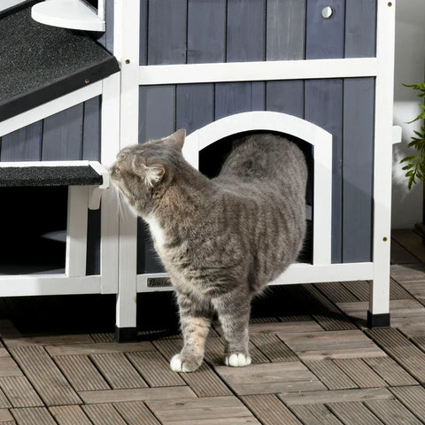 Rootz Outdoor Cat House - Two Level - Multiple Entrances - Water-Resistant Roof - Gray - 96 x 65 x 85.5cm