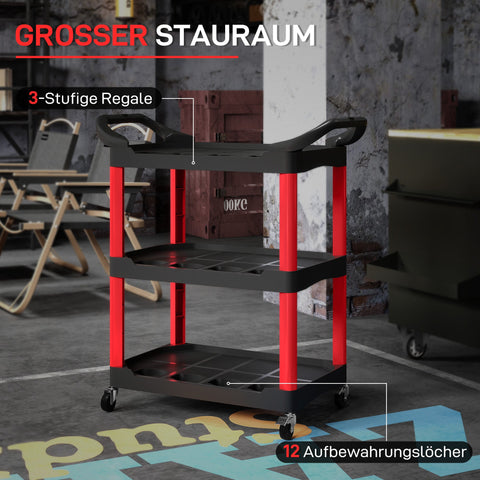 Rootz Tool Car - Utility Cart - Mobile Storage - Side Handles - 83cm x 43cm x 97cm - Red