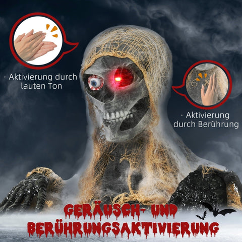 Rootz Animated Halloween Decoration - One-eyed Mummy - Flex Arms - Touch/Loud Noise Activation - Rotating Head - Eerie Glow - 55cm x 18cm x 35cm