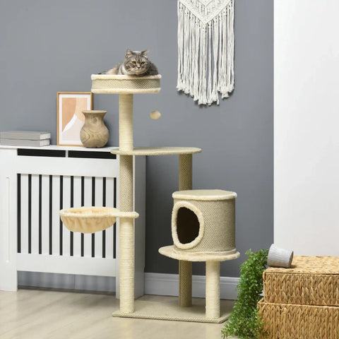 Rootz Scratching Post - Cat Tree - 1 Cat Bed - 1 Cat Cave - 2 Lying Areas - Chipboard - Imitation Linen - Brown + Beige + White - 124 cm x 59 cm x 40cm