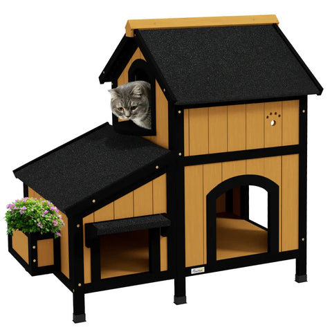 Rootz Cat House - Cat Cave - Flower Box - Waterproof - Fir Wood - Yellow - White - Black - 96cm X 65cm X 85.5cm