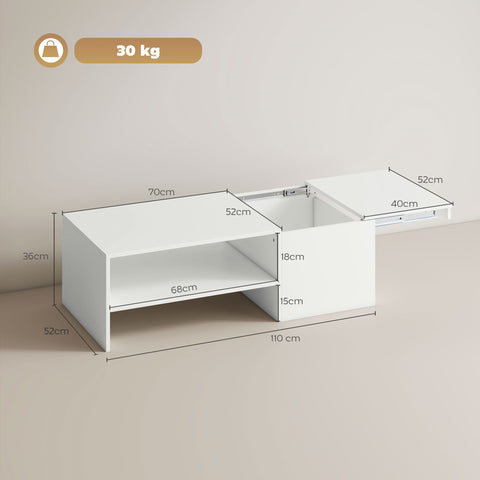 Rootz Adjustable Coffee Table - Lift Top Table - White Storage Table - Sliding Surface, Hidden Storage, Chipboard, Metal Rails, 110x52x36 cm