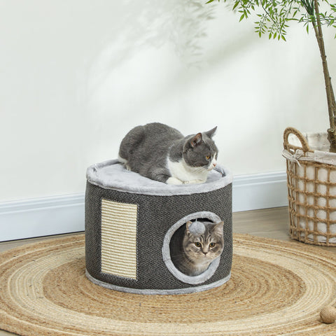 Rootz Cat Cave - 2 Tier Cat House - Plush Cushion - Sisal Scratching - Soft & Cozy Retreat - Ø40 x 30H cm - Grey