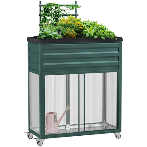 Rootz Raised Bed with Storage - Trellis -  Planters - Sliding Doors - Stainless Steel Frame - Green - 85 x 40 x 135 cm