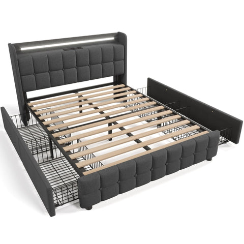 Rootz Modern Double Bed - LED Light Bed - USB Charging Bed - Functional Design - 144.5cm x 220cm x 103.5cm