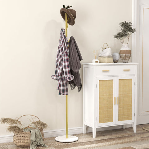 Rootz Wardrobe Stand - Cloakroom Stand - Coat Rack - 8 Hooks - Marble Base for Stability - Ø 32 x 164h cm - Gold & White Elegance