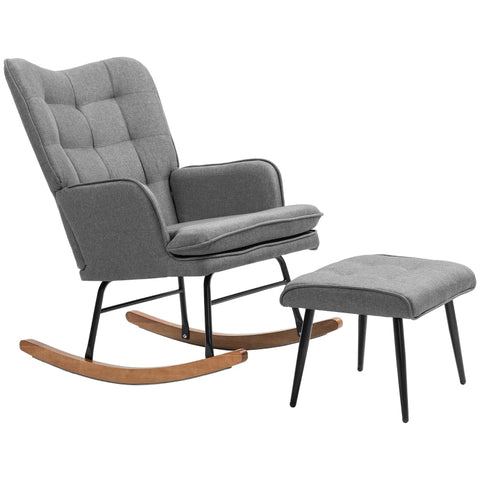 Rootz Rocking Chair with Matching Footstool - Nursery Chair - Glider Chair - Dark Gray - Polyester & Beech Wood - 64cm x 89cm x 90cm