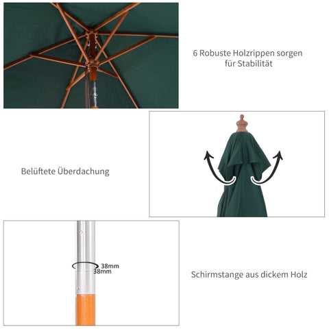 Rootz Foldable Garden Umbrella - Beach Umbrella - Adjustable Parasol - Sturdy Fir Wood - UV-Resistant Polyester - 200 x 150 x 235 cm