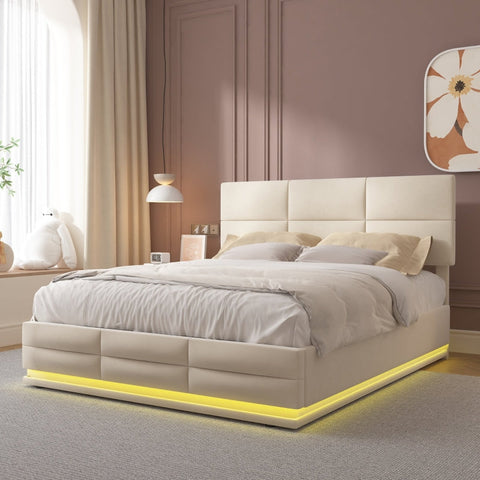Rootz Double Bed with LED - Velvet Bed Frame - USB Charger - Ample Storage - 208.5cm x 164cm x 105-115cm