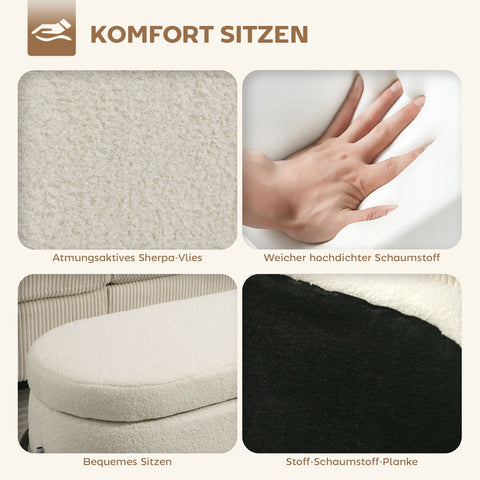 Rootz Storage Stool - Ottoman Bench - Footrest Seat - Hidden Storage - White - Fleece Cover - Steel Legs - 114.5 x 40 x 48 cm