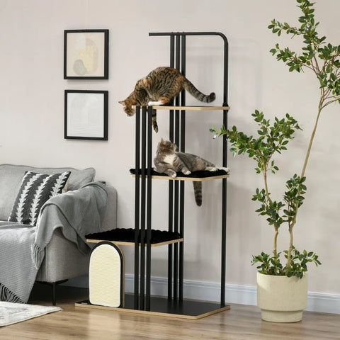 Rootz Scratching Post - Industrial Design - 3 Platforms - 2 Cushions - Scratching Wall - Steel Frame - Black - 85 x 48 x 170 cm
