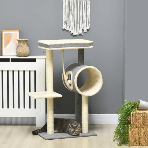 Rootz Cat Scratching Post - 1 Cat Cave - 2 Lying Surfaces - Chipboard - Plush - Imitation Linen - Gray + Natural - 60 cm x 40 cm x 104 cm