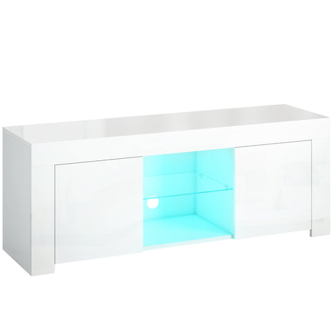 Rootz TV Cabinet - Entertainment Unit - Media Console - Enhances Atmosphere - 120cm x 34cm x 45cm - Chipboard, Glass, White with RGB LED Lights