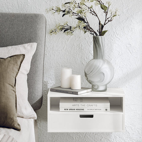 Rootz Floating Bedside Table - Night Shelf - Wall-Mounted Storage - Compact Design - Integrated Drawer Stoppers - Easy Assembly - 45cm x 22cm x 25cm