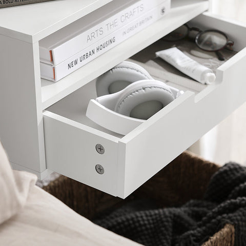 Rootz Floating Bedside Table - Night Shelf - Wall-Mounted Storage - Compact Design - Integrated Drawer Stoppers - Easy Assembly - 45cm x 22cm x 25cm