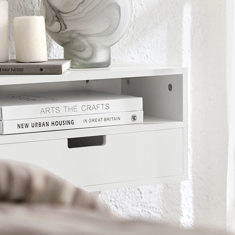 Rootz Floating Bedside Table - Night Shelf - Wall-Mounted Storage - Compact Design - Integrated Drawer Stoppers - Easy Assembly - 45cm x 22cm x 25cm