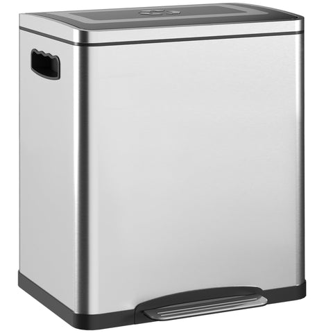 Rootz Kitchen Waste Bucket - Dual Compartment Trash Can - Pedal Bin - Stainless Steel - Quiet Lid - 40cm x 34.8cm x 47.5cm