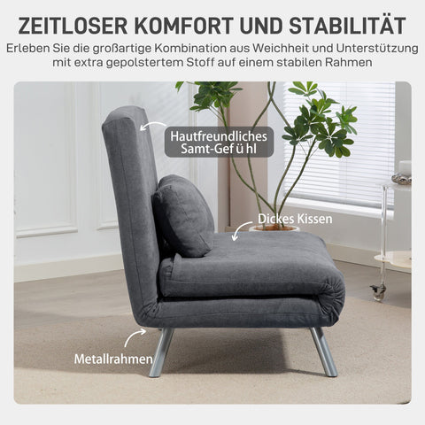 Rootz Upholstery Armchair with Bed Function - Sleeper Chair - Guest Sofa Bed - Versatile 3-in-1 Design - Velvet Fabric - 75cm x 80cm x 83cm - Grey