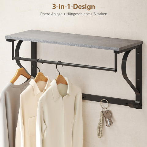 Rootz Wall-Mounted Clothes Rack - Coat Hooks - Versatile Organizer - Industrial Design - 70cm x 25cm x 35.4cm - Grey