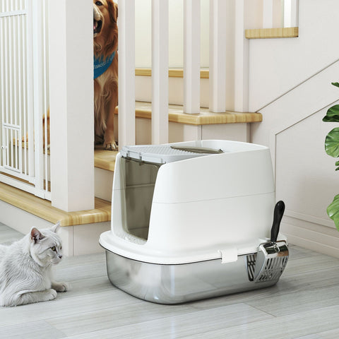Rootz Stainless Steel Cat Toilet - Enclosed Litter Box - Odor-Free Pet House - Quick Cleaning - 52.4cm x 41.3cm x 39.8cm