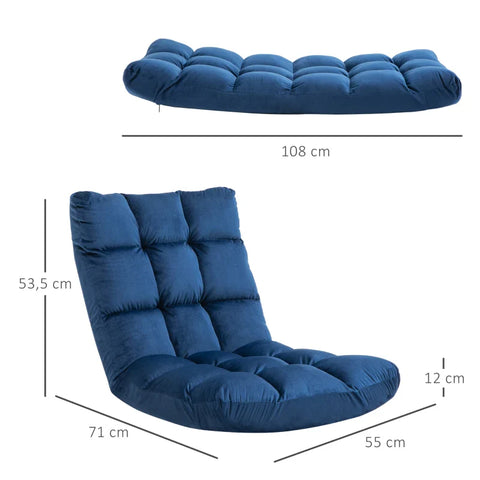 Rootz Fauteuil - Gastenmatras - Vloerstoel - Verstelbare rugleuning - Zittingen &amp; Banken - Velours Look - Blauw - 55 cm x 71 cm x 53,5 cm