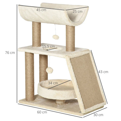 Rootz Cat Scratching Post - Including Toys - Cat Bed - Chipboard - Plush - Sisal - Light brown - 60 Cm X 30 Cm X 76 Cm