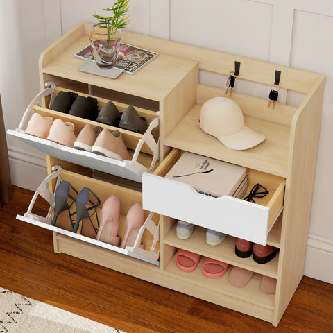 Rootz Shoe Cabinet - Hallway Organizer - Tipping Drawer Unit - Holds 14 Pairs - Brown & White - 93cm x 30cm x 90cm